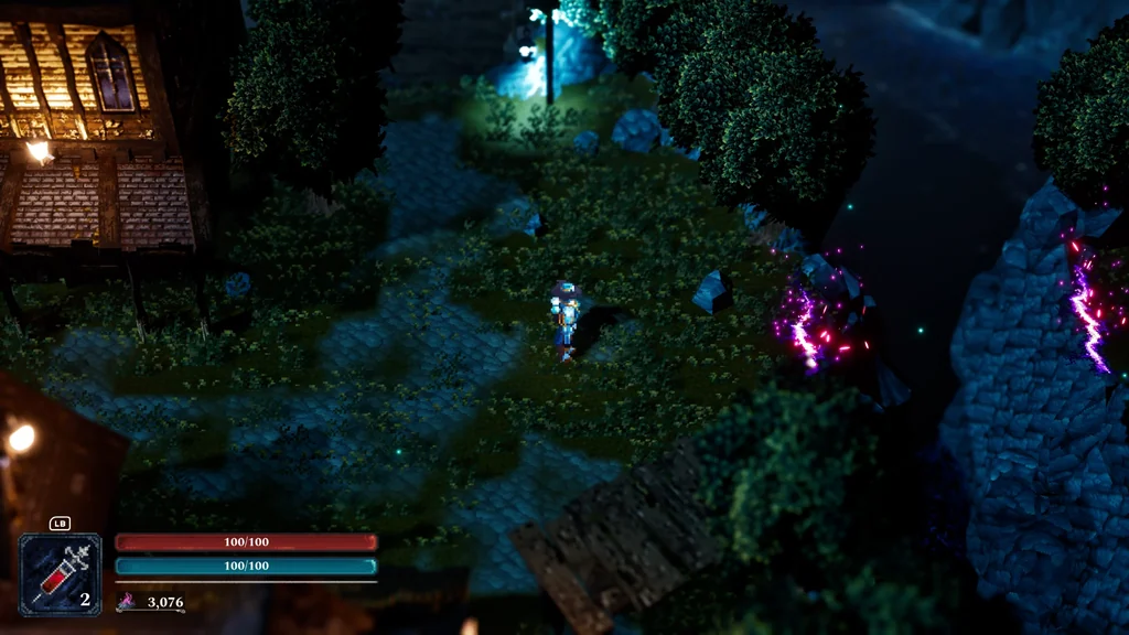 ABSYM: a village path at night in Alderid, lit by lanterns